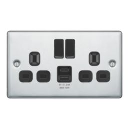 LAP  13A 2-Gang SP Switched Socket + 2.4A 12W 2-Outlet Type A & C USB Charger Polished Chrome with Black Inserts