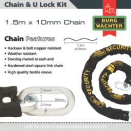 Burg-Wachter Hardened Steel Heavy Duty Security Kit: Chain, Lock & Ground Anchor 1.5m x 10mm