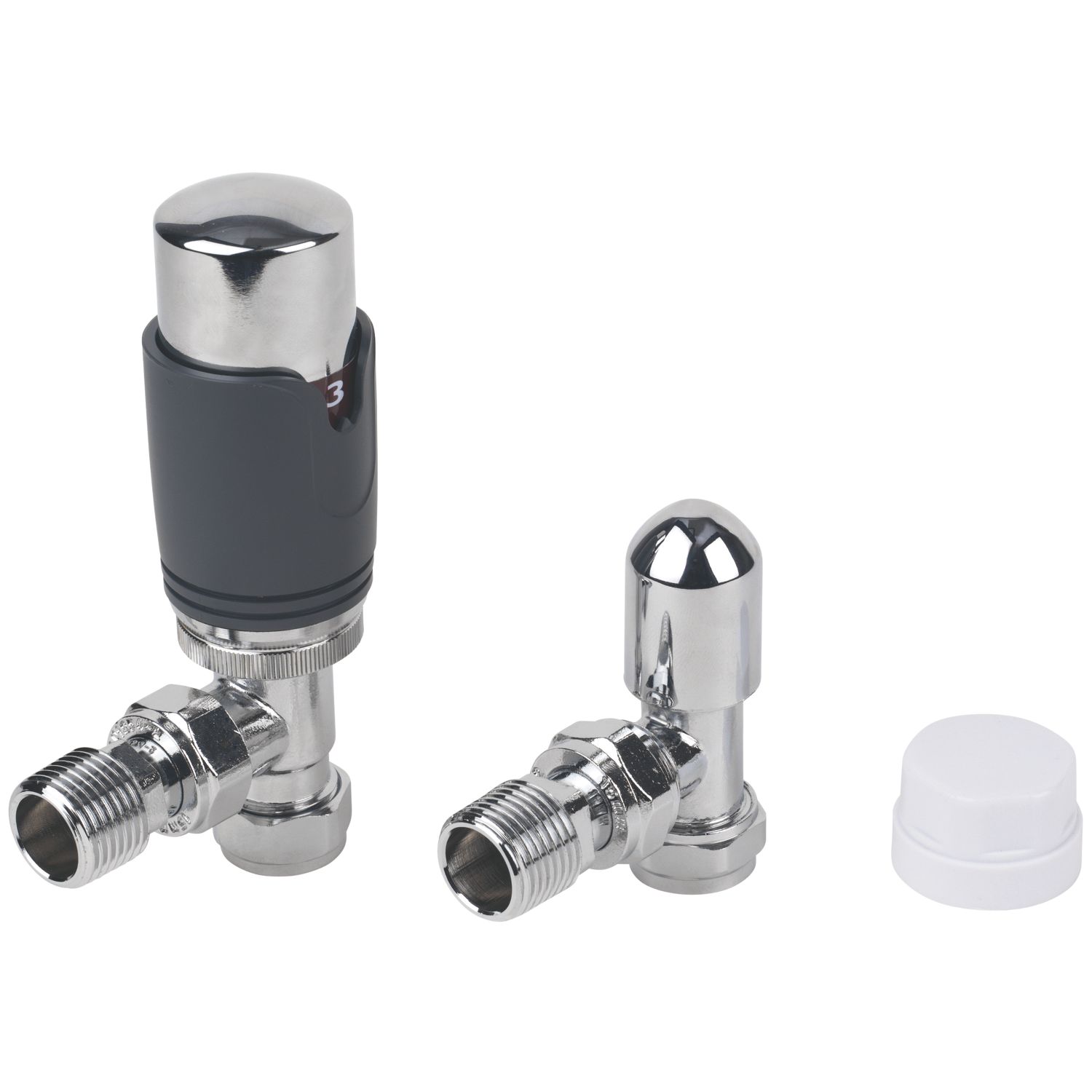 Flomasta 1/2" x 15mm Anthracite/Chrome Angled & L/S Modern Thermostatic Radiator Valve & Lockshield (5022V)