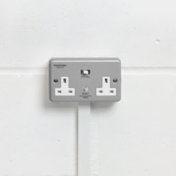 PowerBreaker  13A 2-Gang Unswitched Metal Clad Passive RCD Socket with Neon with White Inserts