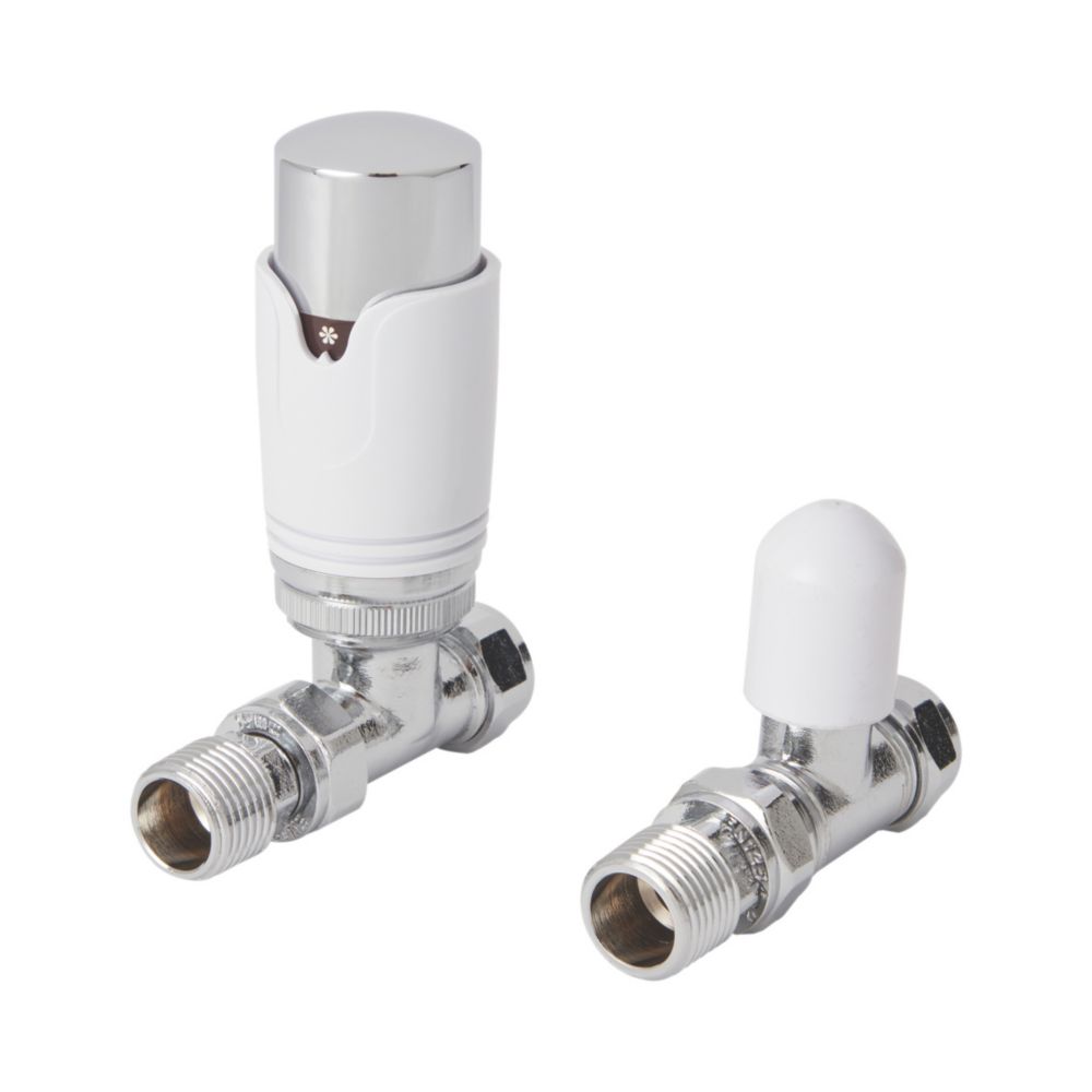 Flomasta  White / Chrome Straight Thermostatic Radiator Valve & Lockshield  1/2" x 15mm