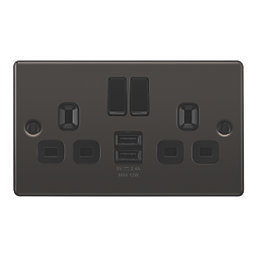 LAP  13A 2-Gang SP Switched Socket + 2.4A 12W 2-Outlet Type A USB Charger Black Nickel with Black Inserts