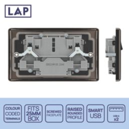 LAP  13A 2-Gang SP Switched Socket + 2.4A 12W 2-Outlet Type A USB Charger Black Nickel with Black Inserts