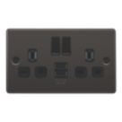LAP  13A 2-Gang SP Switched Socket + 2.4A 12W 2-Outlet Type A USB Charger Black Nickel with Black Inserts