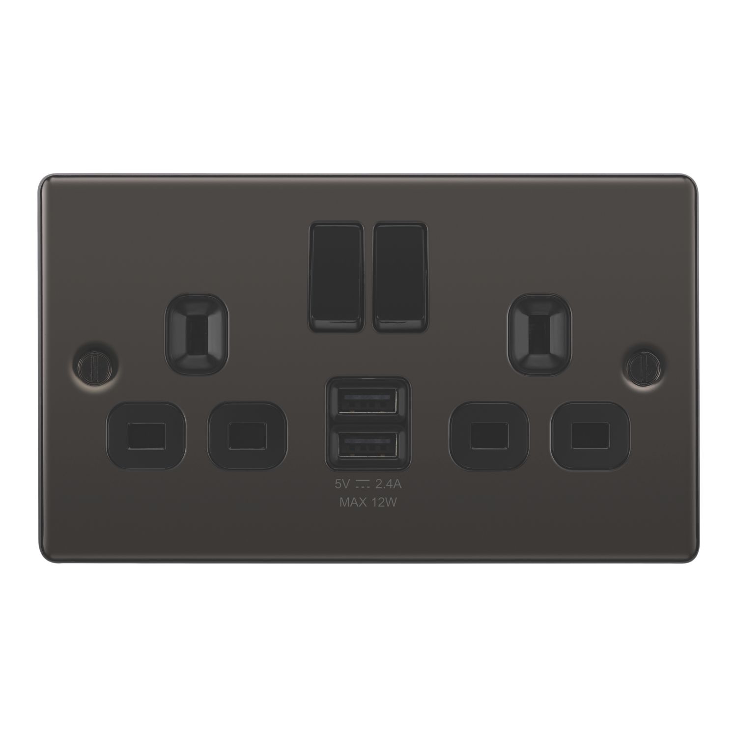 LAP 13A 2-Gang SP Switched Socket + 2.4A 12W 2-Outlet Type A USB Charger Black Nickel with Black Inserts (503PN)