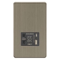 Knightsbridge Screwless 2-Gang Single Voltage Shaver Socket 230V AC Antique Brass with Black Inserts