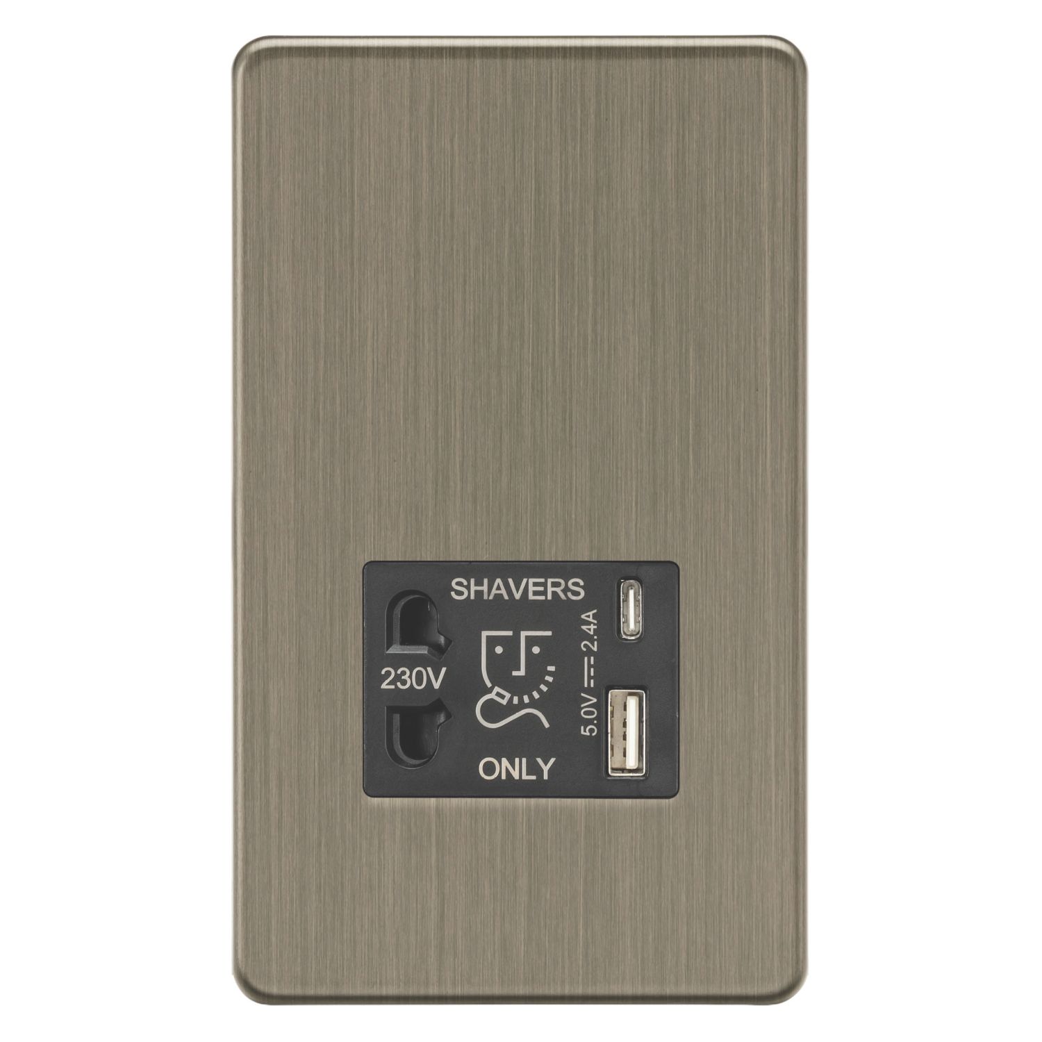 Knightsbridge Screwless 2-Gang Single Voltage Shaver Socket 230V AC Antique Brass with Black Inserts (505CR)