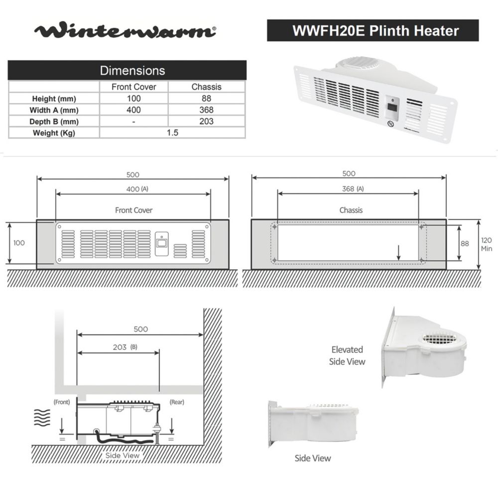 Winterwarm WWFH20E Plinth-Mounted Fan Heater 2000W 400mm x 100mm - Screwfix