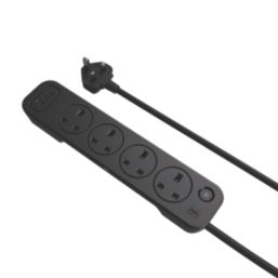 Masterplug 13A 4-Gang Switched Surge-Protected Extension Lead + 3.25A 3-Outlet Type A & C USB Charger Matt Black 2m