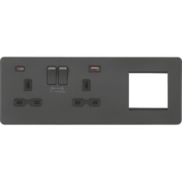 Knightsbridge SFR992LAT 13A 2-Gang DP Combination Plate + 4.0A 18W 2-Outlet Type A & C USB Charger Anthracite with Black Inserts