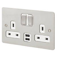 MK Edge 13A 2-Gang DP Switched Socket + 2A 2-Outlet Type A USB Charger Brushed Stainless Steel with White Inserts