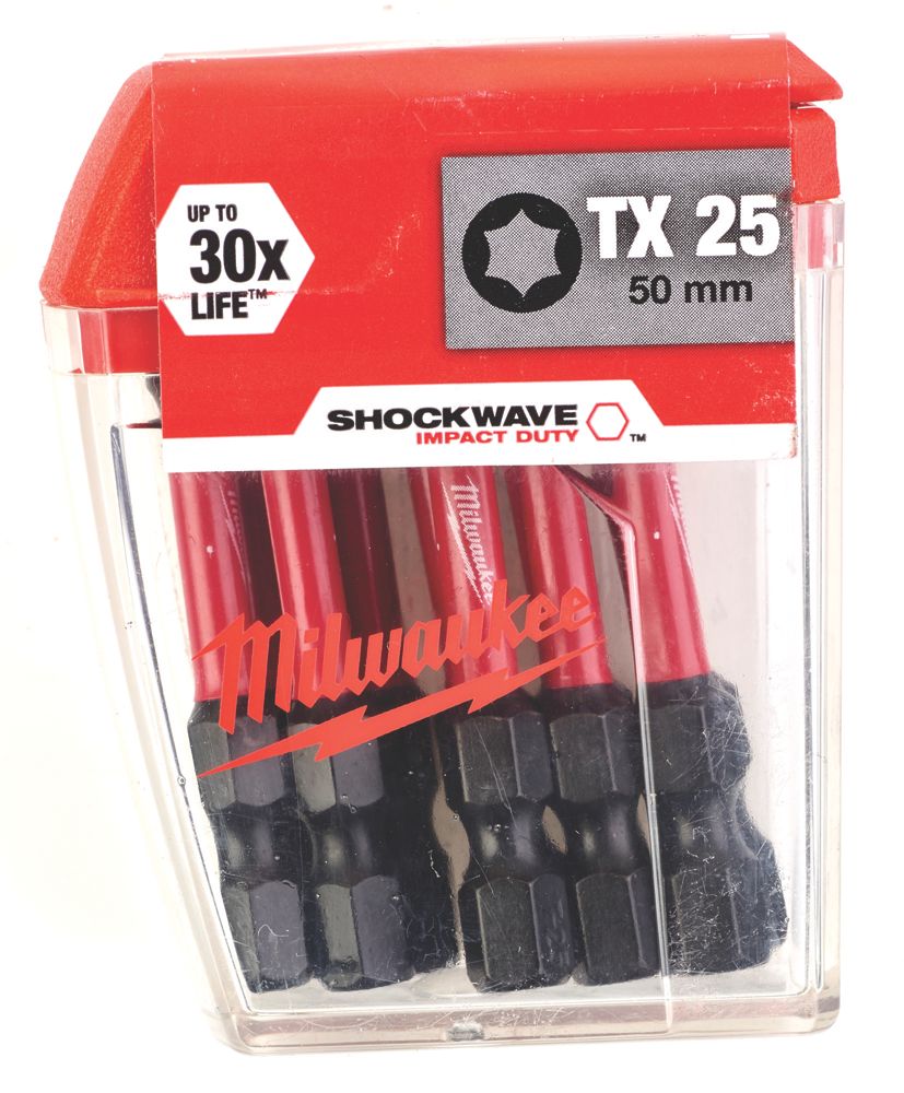Milwaukee SHOCKWAVE 1/4" 50mm Hex Shank TX25 Screwdriver Bits 10 Pack