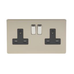 Varilight  13AX 2-Gang DP Switched Plug Socket Satin Chrome  with Black Inserts