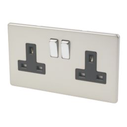 Varilight  13AX 2-Gang DP Switched Plug Socket Satin Chrome  with Black Inserts