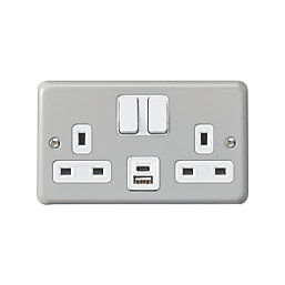 MK Contoura 13A 2-Gang DP Switched Socket + 3A 15.5W 2-Outlet Type A & C USB Charger Grey with White Inserts