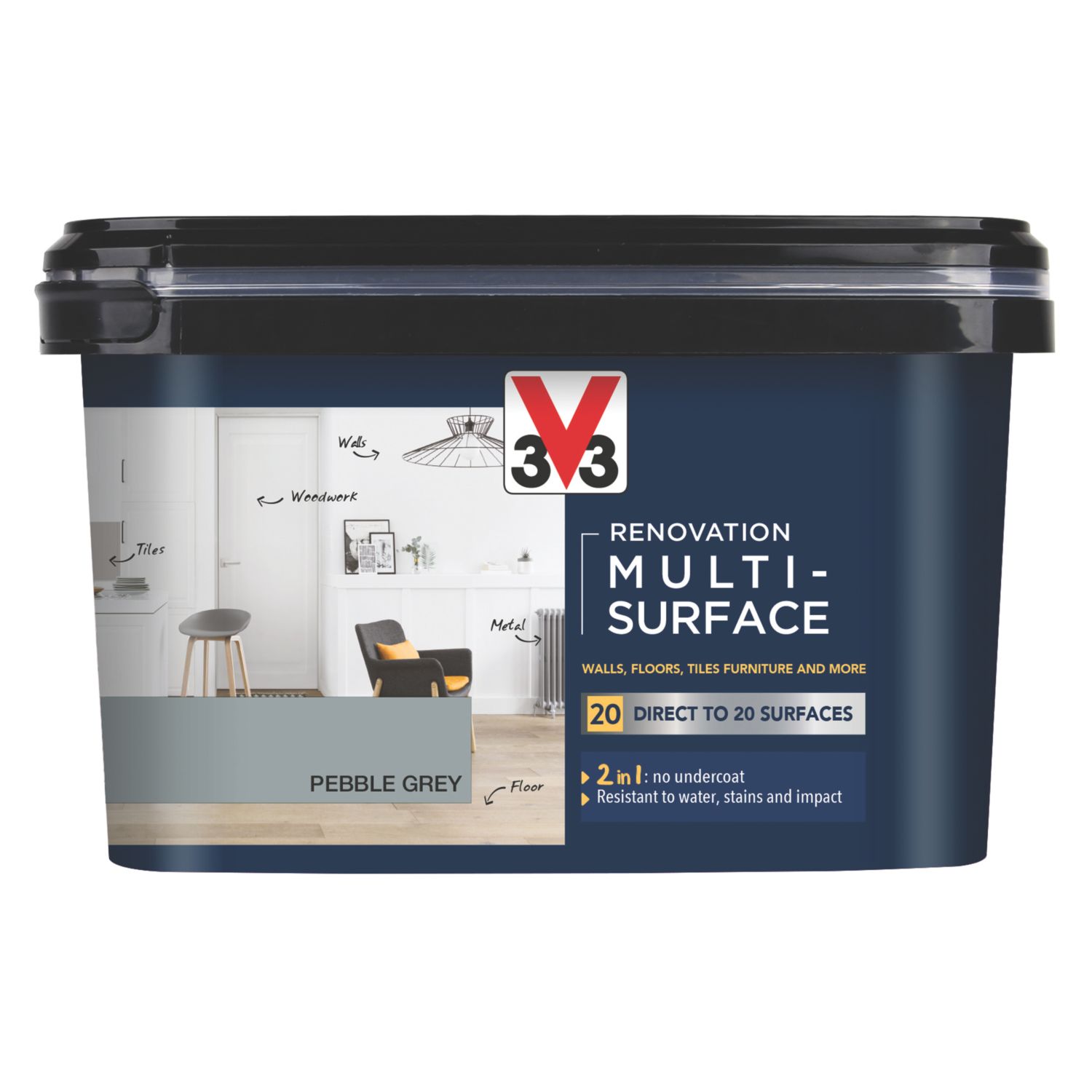 V33 2Ltr Pebble Grey Satin Acrylic Multi Surface Paint (511FW)