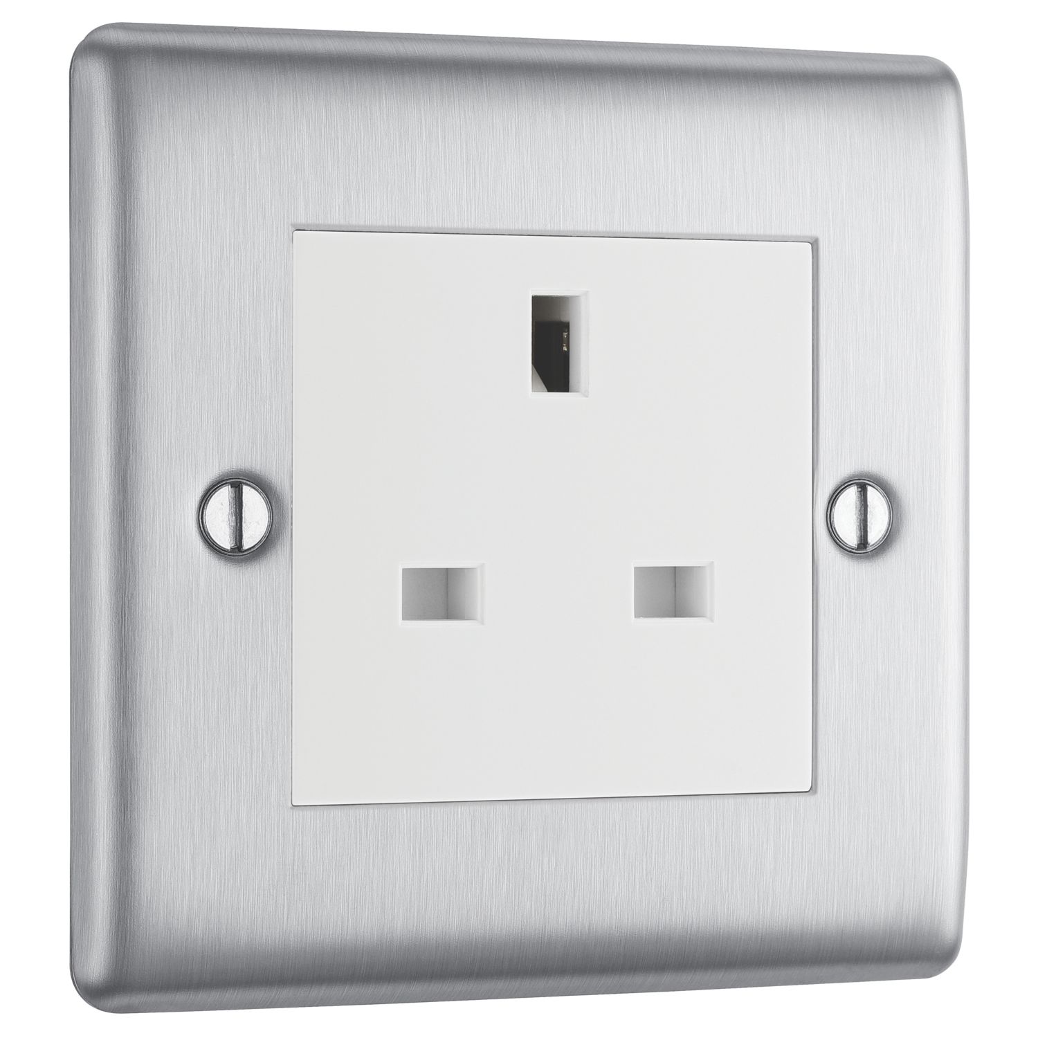 British General Nexus Metal 13A 1-Gang Unswitched Socket Brushed Steel with White Inserts (511XF)