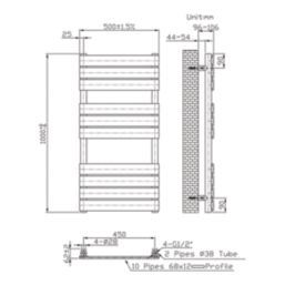 Flomasta Flat Bar 1000mm x 500mm 1576BTU Black Vertical Designer Radiator