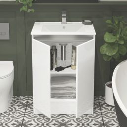 Newland  Double Door Floor Standing Vanity Unit with Basin Gloss White 600mm x 450mm x 840mm