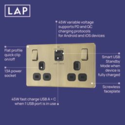 LAP  13A 2-Gang SP Switched Socket + 3A 45W 2-Outlet Type A & C USB Charger Antique Brass with Black Inserts