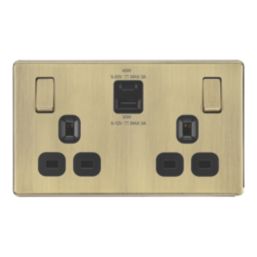 LAP  13A 2-Gang SP Switched Socket + 3A 45W 2-Outlet Type A & C USB Charger Antique Brass with Black Inserts