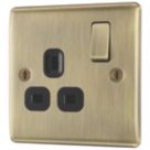 British General Nexus Metal 13A 1-Gang DP Switched Plug Socket Antique Brass  with Black Inserts