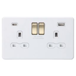 Knightsbridge Screwless 13A 2-Gang SP Switched Socket + 4.0A 20W 2-Outlet Type A & C USB Charger Matt White with White Inserts