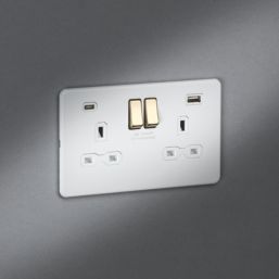 Knightsbridge Screwless 13A 2-Gang SP Switched Socket + 4.0A 20W 2-Outlet Type A & C USB Charger Matt White with White Inserts
