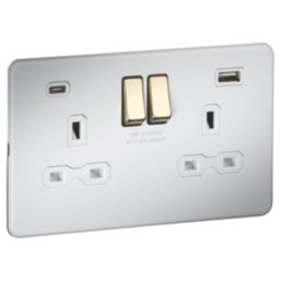 Knightsbridge Screwless 13A 2-Gang SP Switched Socket + 4.0A 20W 2-Outlet Type A & C USB Charger Matt White with White Inserts
