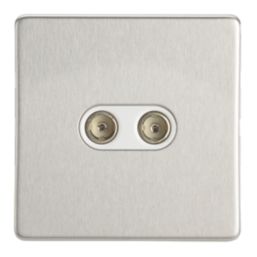 Contactum Lyric 2-Gang Female Coaxial TV Socket Brushed Steel with White Inserts