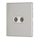 Contactum Lyric 2-Gang Female Coaxial TV Socket Brushed Steel with White Inserts