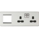 Knightsbridge  13A 2-Gang DP Combination Plate Brushed Chrome with Black Inserts