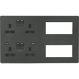 Knightsbridge SFR998AT 13A 4-Gang DP Combination Plate + 4.0A 18W 2-Outlet Type A & C USB Charger Anthracite with Black Inserts