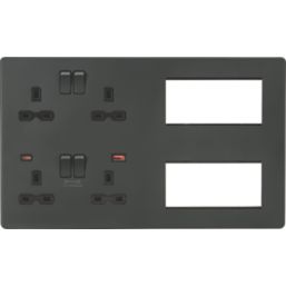 Knightsbridge SFR998AT 13A 4-Gang DP Combination Plate + 4.0A 18W 2-Outlet Type A & C USB Charger Anthracite with Black Inserts
