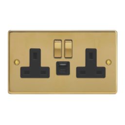 Varilight  13A 2-Gang 1P+N Switched Socket + 4A 20W 2-Outlet Type A & C USB Charger Polished Brass with Black Inserts