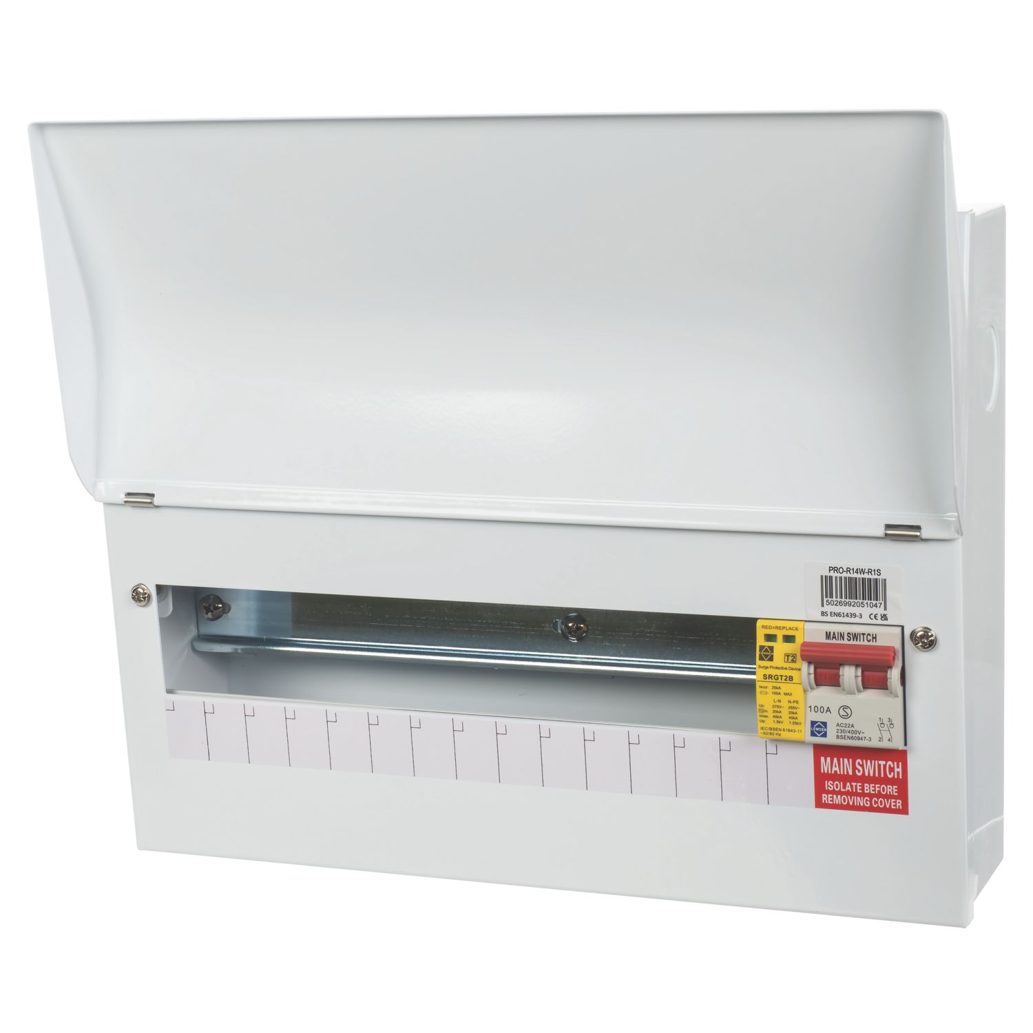 Lewden PRO-R14W-R1S 17-Module 14-Way Part-Populated High Integrity Main Switch Consumer Unit with SPD (519AF)