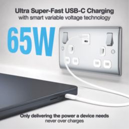 British General Nexus Metal 13A 2-Gang SP Switched Socket + 3.25A 65W 2-Outlet Type C USB Charger Polished Chrome with White Inserts