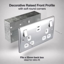 British General Nexus Metal 13A 2-Gang SP Switched Socket + 3.25A 65W 2-Outlet Type C USB Charger Polished Chrome with White Inserts