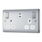 British General Nexus Metal 13A 2-Gang SP Switched Socket + 3.25A 65W 2-Outlet Type C USB Charger Polished Chrome with White Inserts
