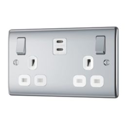 British General Nexus Metal 13A 2-Gang SP Switched Socket + 3.25A 65W 2-Outlet Type C USB Charger Polished Chrome with White Inserts