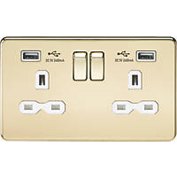 Knightsbridge SFR9224PBW 13A 2-Gang SP Switched Socket + 2.4A 2-Outlet Type A USB Charger Polished Brass with White Inserts