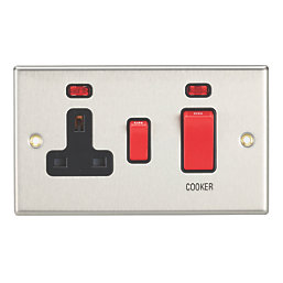 Contactum iConic 45A 2-Gang DP Cooker Switch & 13A DP Switched Socket Brushed Steel with Neon with Black Inserts