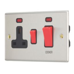 Contactum iConic 45A 2-Gang DP Cooker Switch & 13A DP Switched Socket Brushed Steel with Neon with Black Inserts