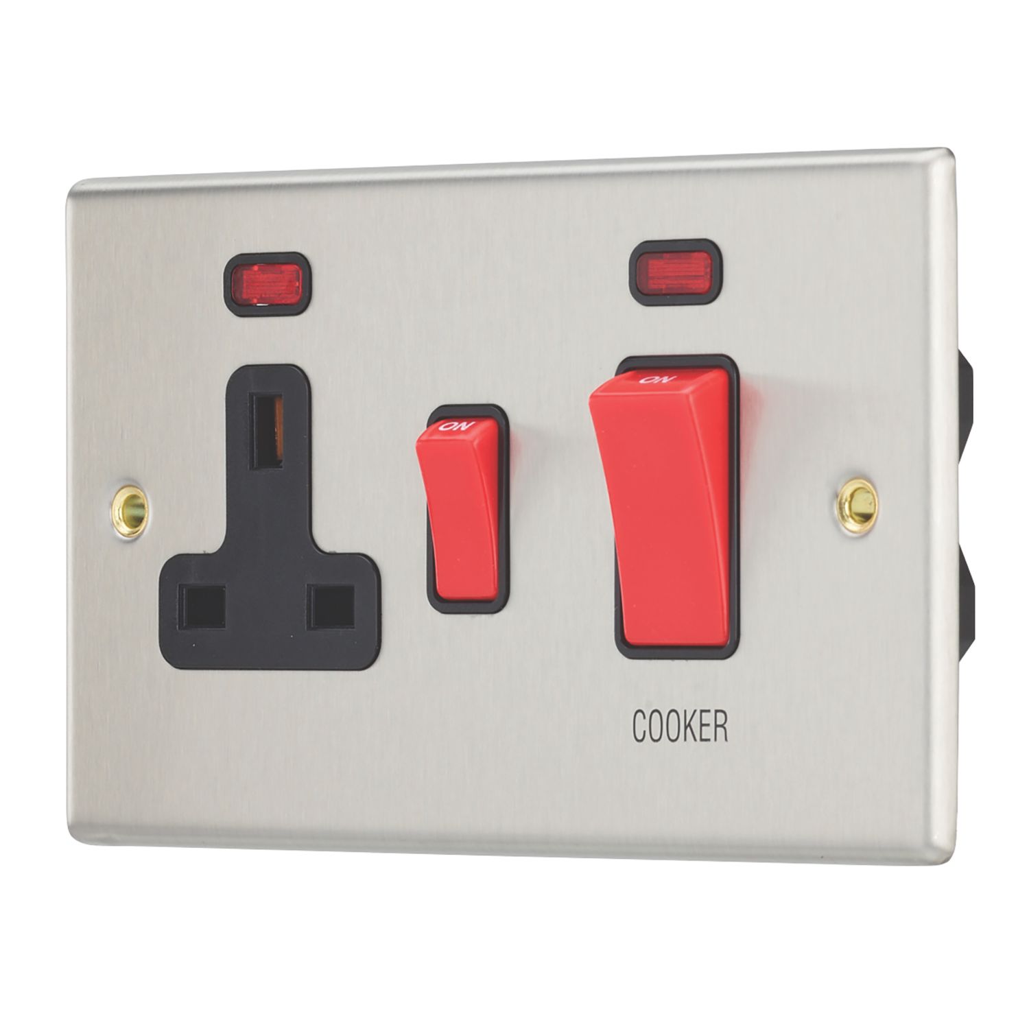 Contactum iConic 45A 2-Gang DP Cooker Switch & 13A DP Switched Socket Brushed Steel with Neon with Black Inserts (521RP)