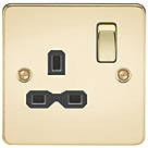 Knightsbridge FPR7000PB 13A 1-Gang DP Switched Single Socket Polished Brass  with Black Inserts