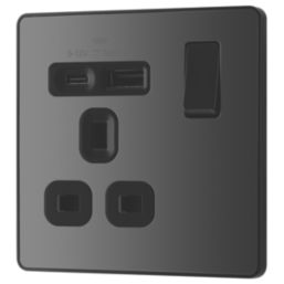 British General Evolve 13A 1-Gang SP Switched Socket + 3A 18W 2-Outlet Type A & C USB Charger Black Chrome with Black Inserts
