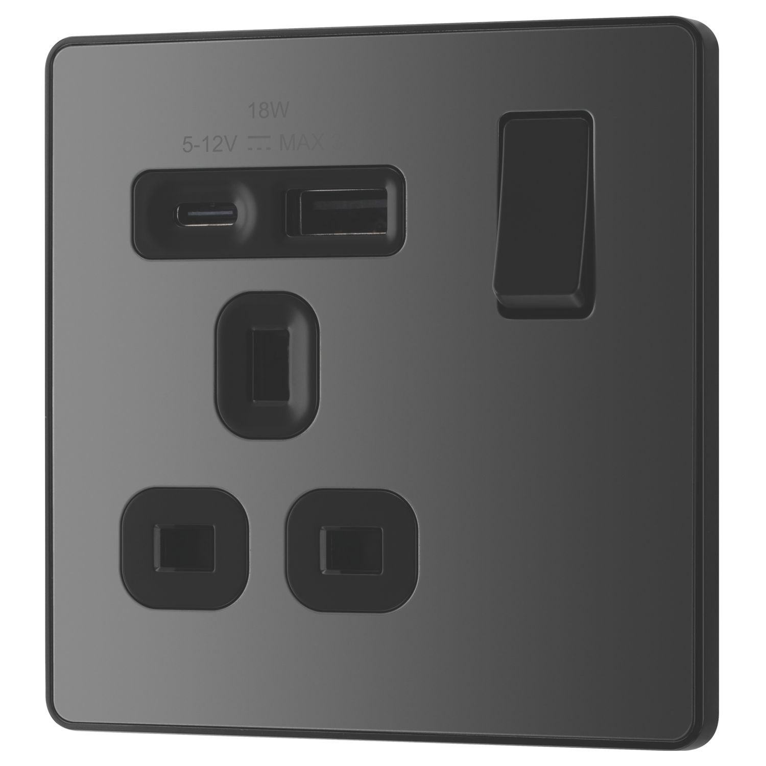 British General Evolve 13A 1-Gang SP Switched Socket + 3A 18W 2-Outlet Type A & C USB Charger Black Chrome with Black Inserts (523CH)