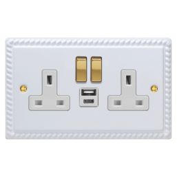 Varilight  13A 2-Gang SP Switched Socket + 4A 20W 2-Outlet Type A & C USB Charger Georgian White with White Inserts