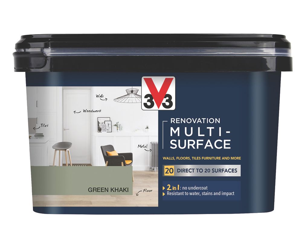 V33 2Ltr Green Khaki Satin Acrylic Multi Surface Paint Screwfix