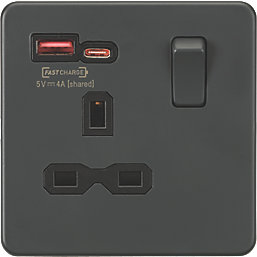 Knightsbridge  13A 1-Gang SP Switched Socket + 4.0A 2-Outlet Type A & C USB Charger Anthracite with Black Inserts